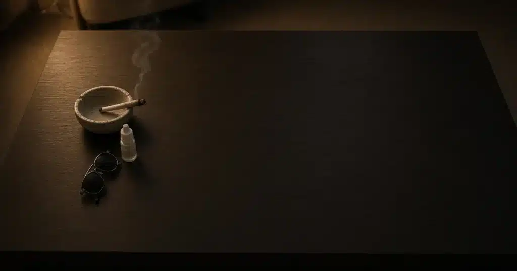 Lit joint resting in an ashtray beside eye drops and sunglasses