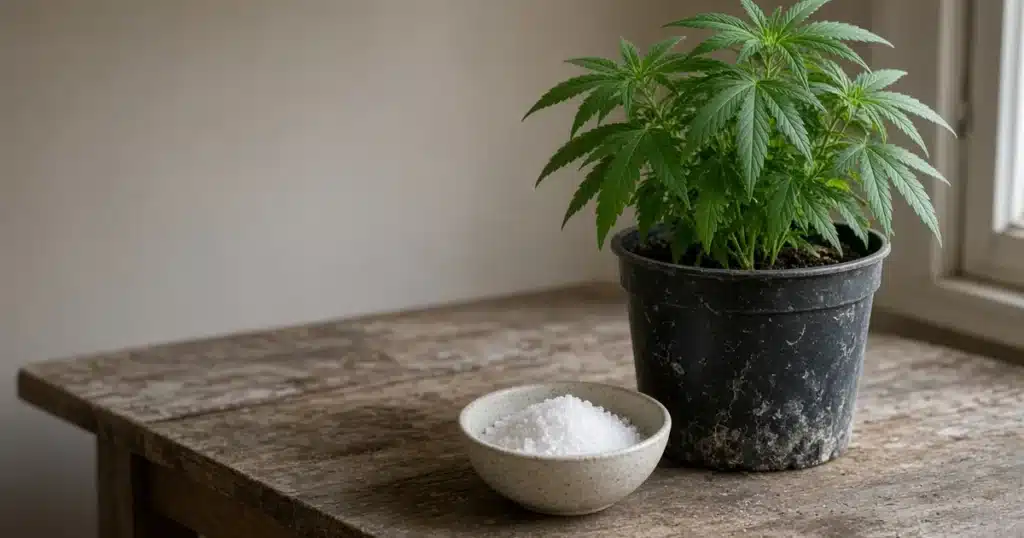 Lush green cannabis plant beside a bowl of Epsom salt