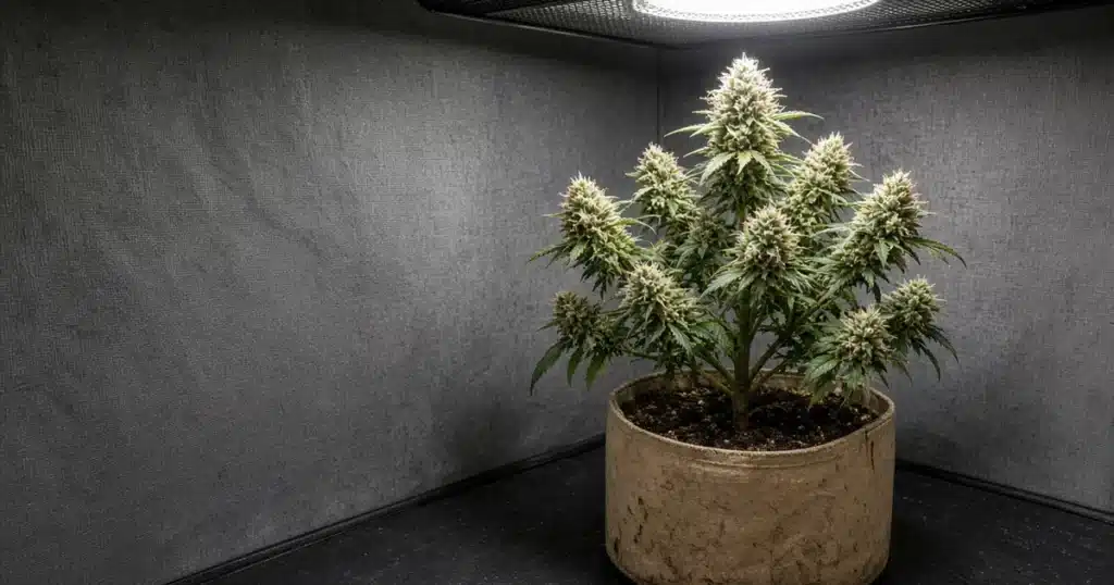 Flowering cannabis plant with sturdy stems and full buds