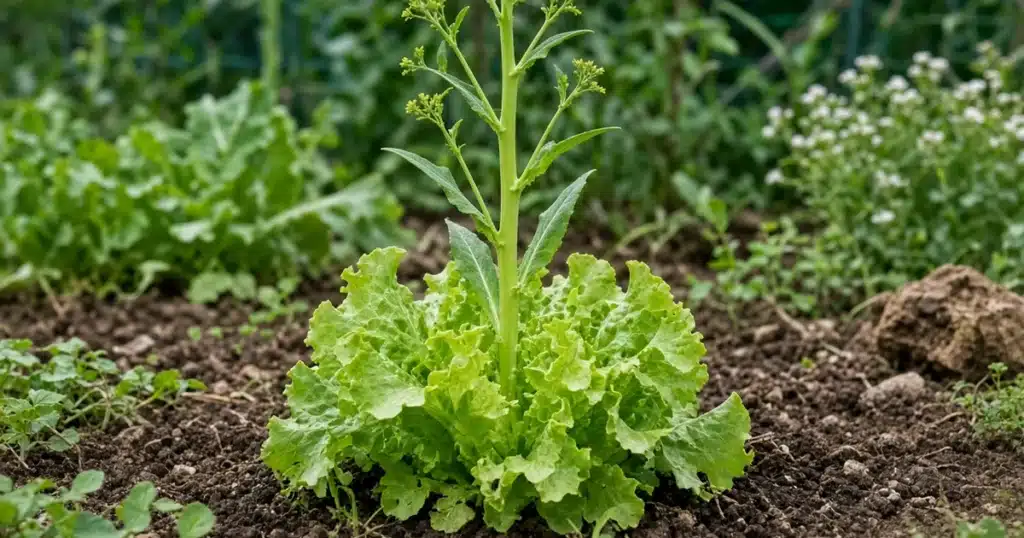 Lettuce plant starting to bolt with a tall center stalk