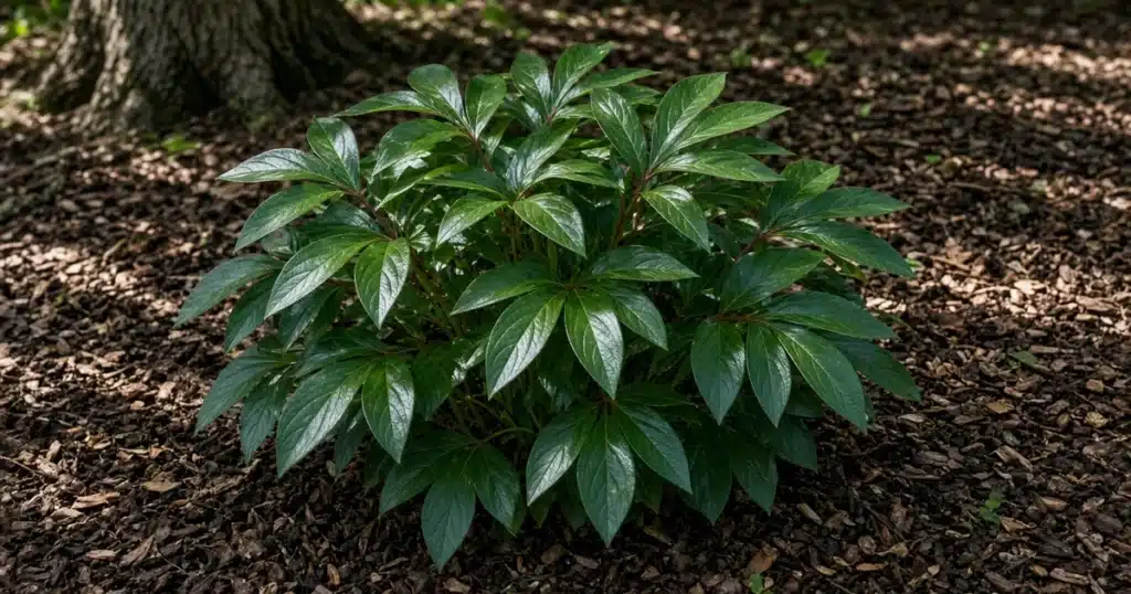 Peony plant with green leaves and no flower buds