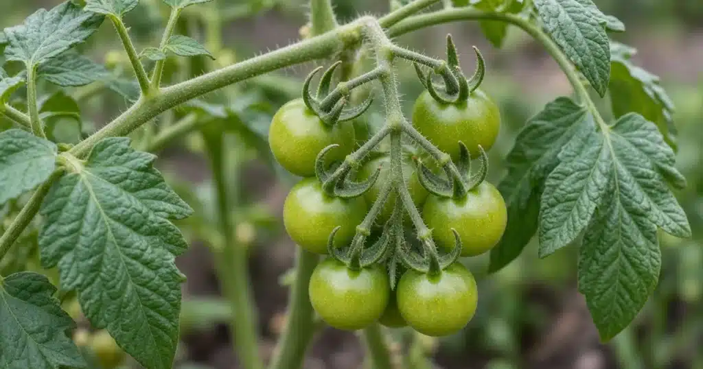Cluster of small green tomatoes on a vine