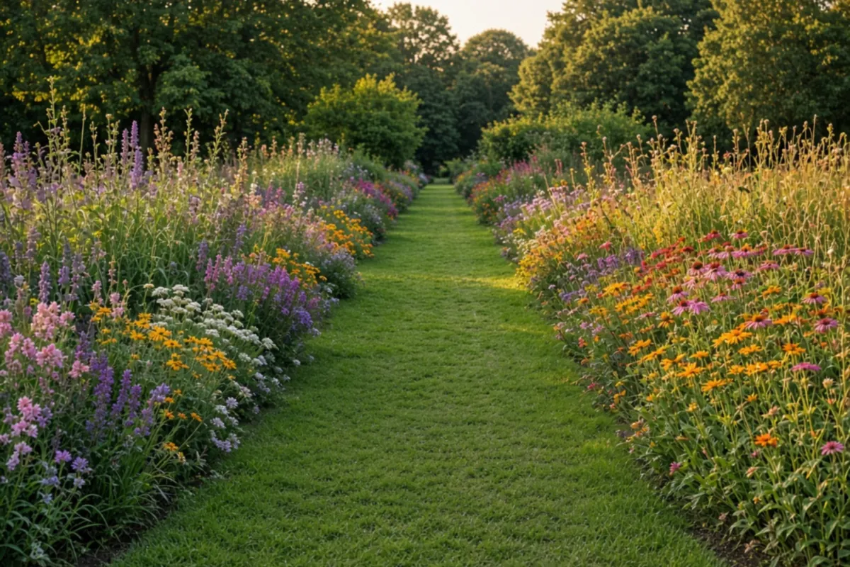 Wide grass path between flower borders