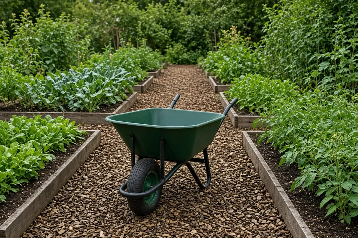 Wide main path with a wheelbarrow between beds