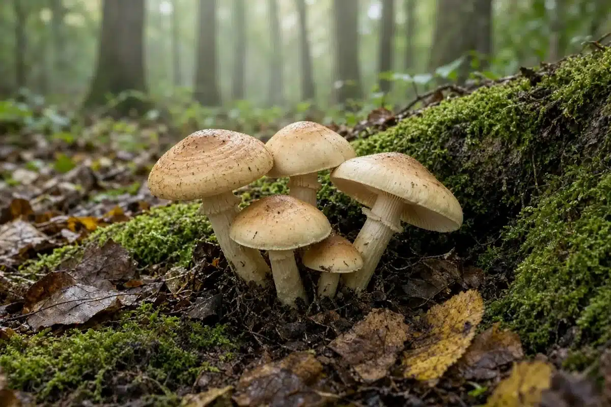 Wild mushrooms on a forest floor