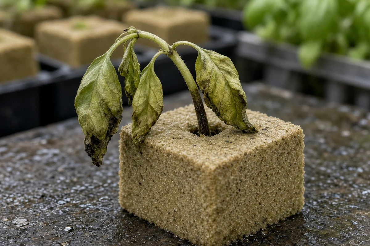 Wilted herb cutting with a soft dark stem end in a cube