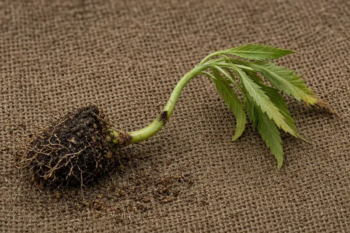 Photo-style illustration of a wilted young seedling on burlap with a small bored hole at the stem base