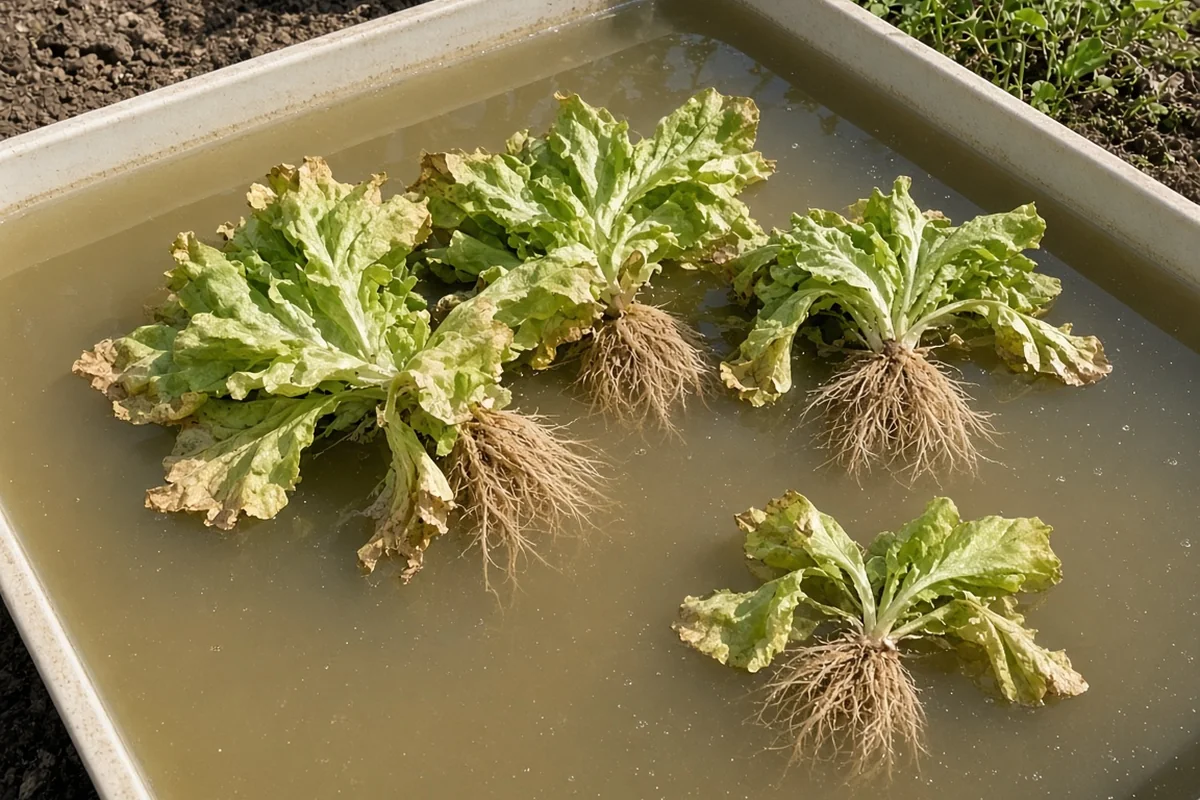 Wilting lettuce with tan roots in a warm murky nutrient tank
