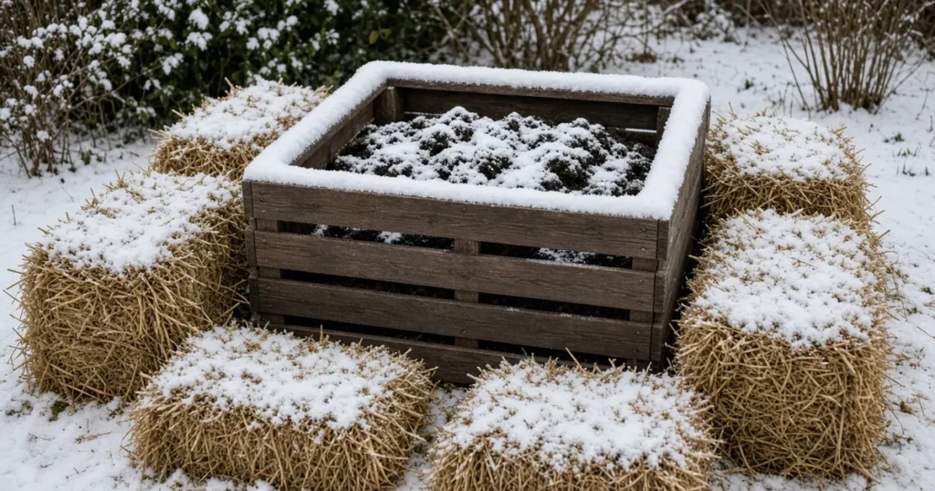 Compost bin insulated with straw bales in snow