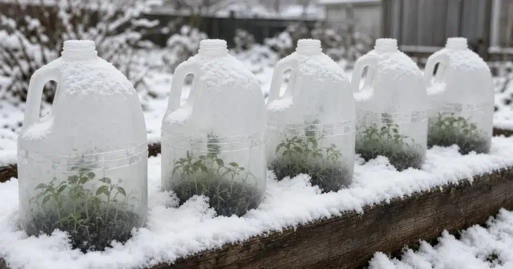 Clear milk jugs with seedlings outdoors in snow