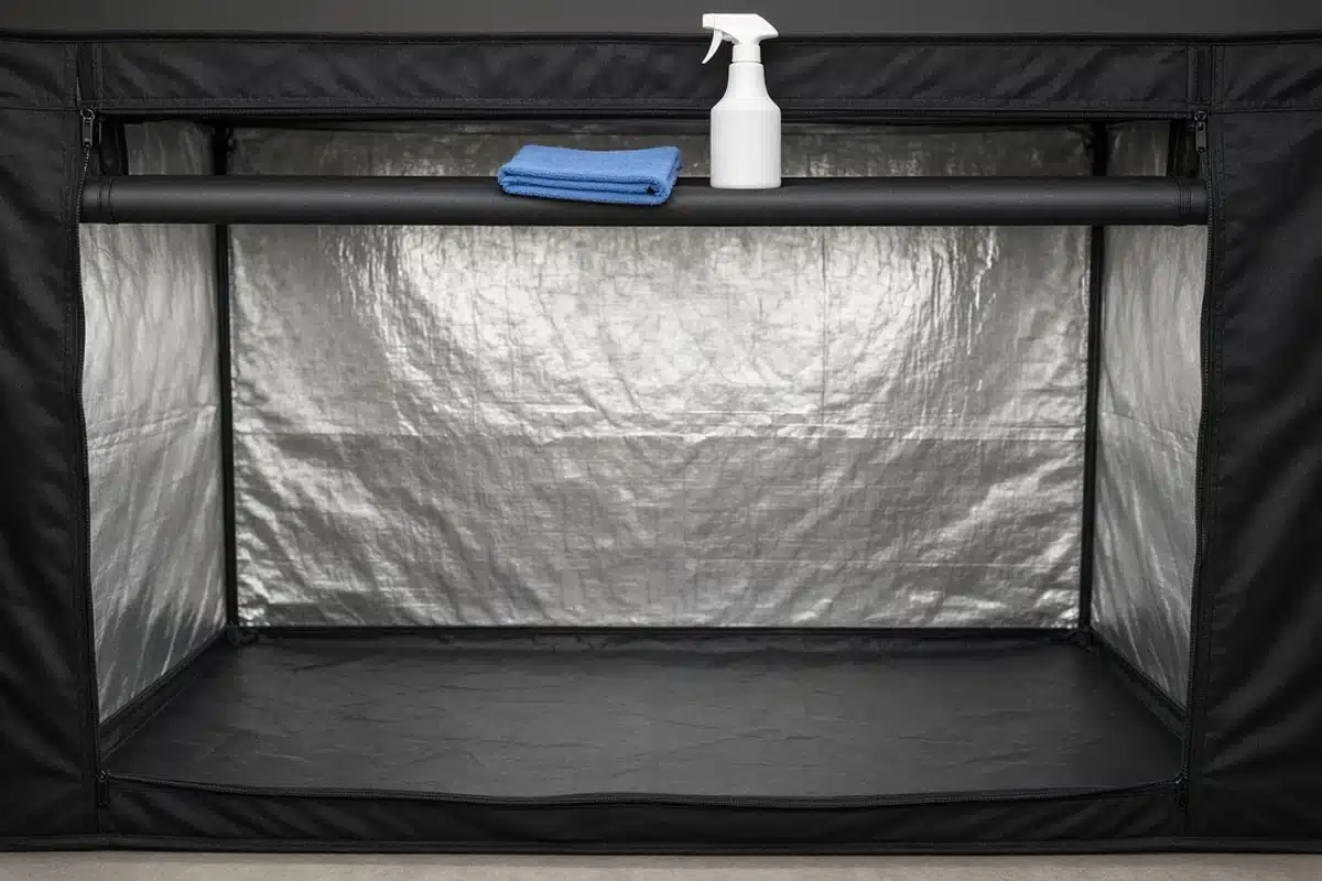 Spray bottle and folded cloth set on the top bar of an empty grow tent with reflective walls ready to clean from the top down