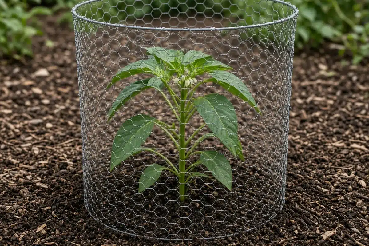 Wire cage around a young plant