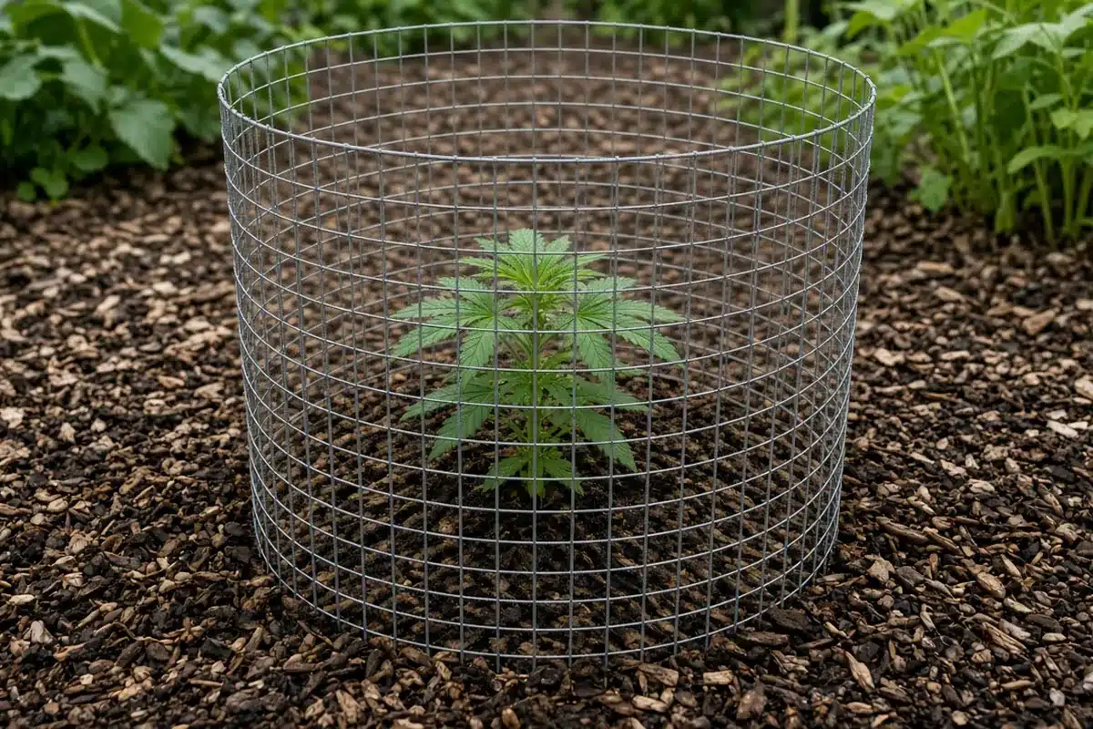 Photo-style illustration of a wire cylinder cage protecting a single young cannabis plant