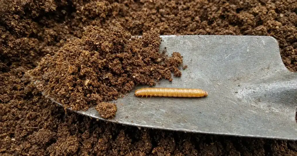 Photo-style illustration of a straight shiny tan wireworm about 1 inch long on a garden trowel of crumbly loam