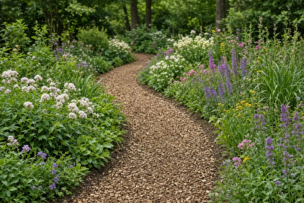 Wood chip path curving between planted beds