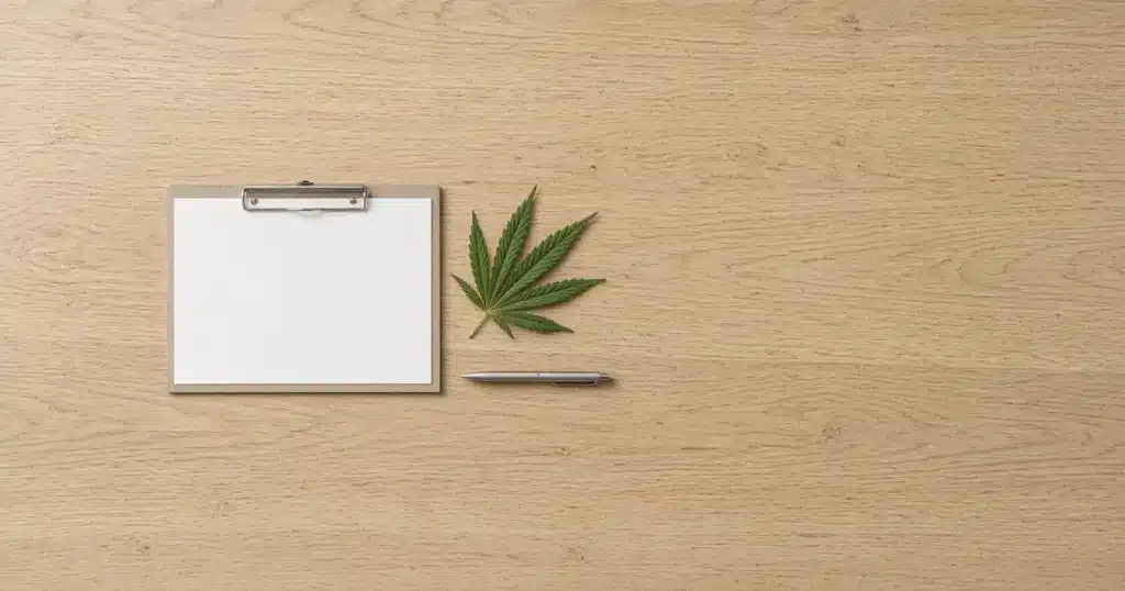 Cannabis leaf beside a blank clipboard on a desk
