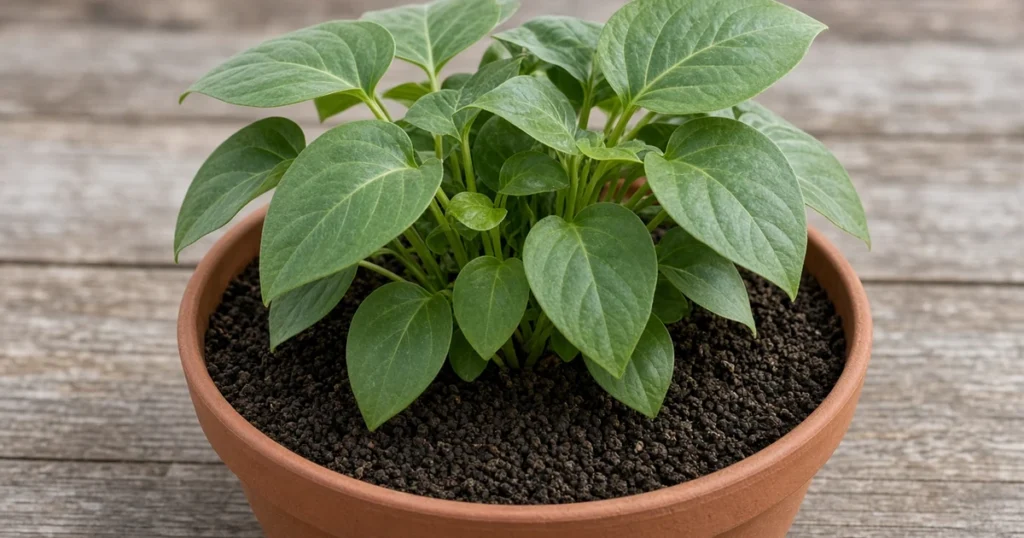 Thin layer of dark worm castings on soil around a potted plant