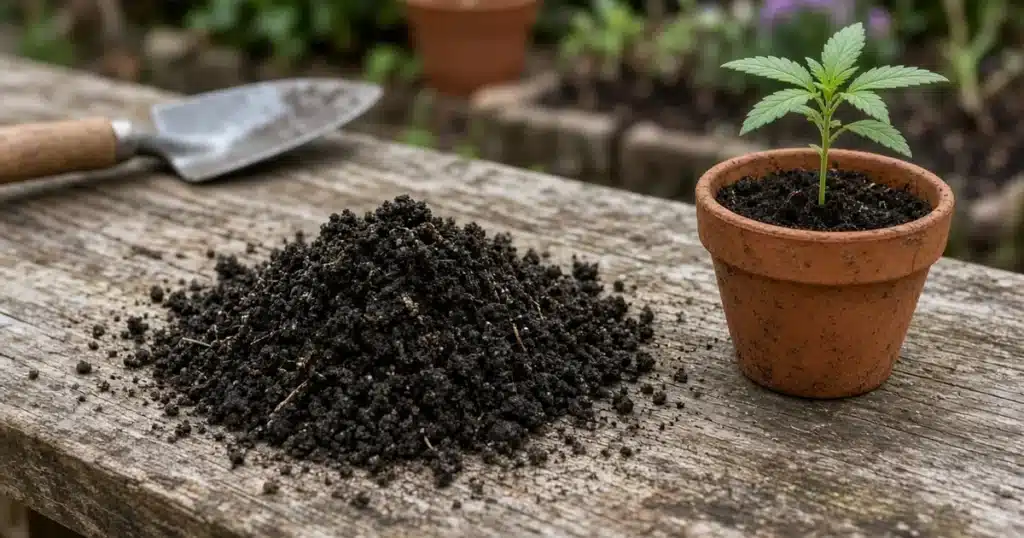 Small pile of dark, crumbly worm castings beside a cannabis seedling pot