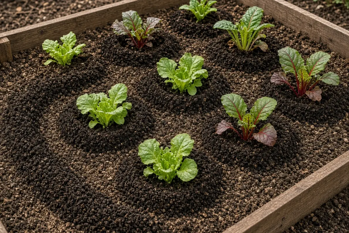 Worm castings spread around vegetables in a garden bed