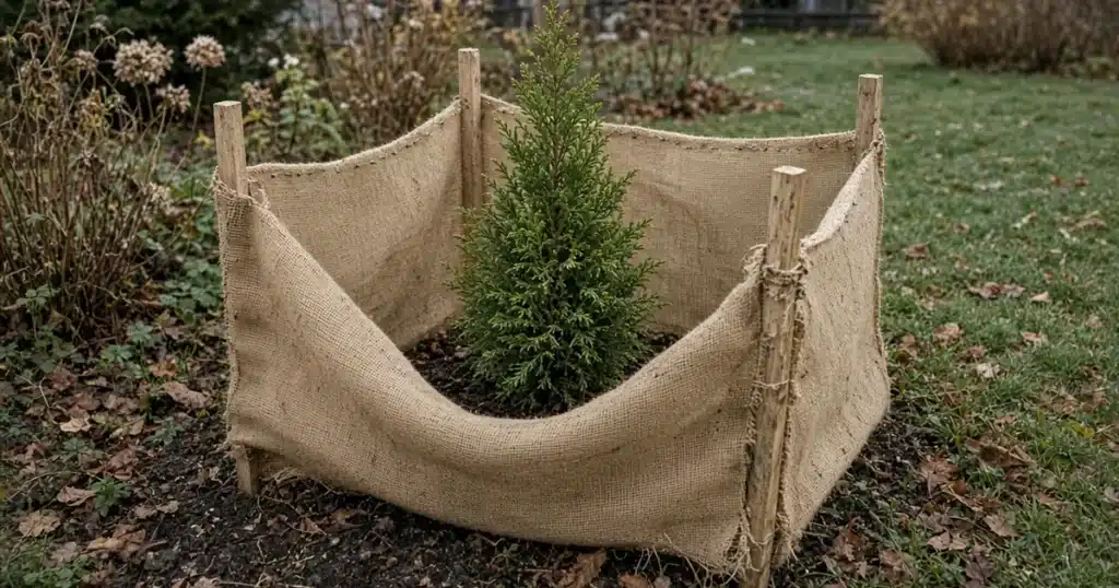 Burlap screen on stakes around a young evergreen