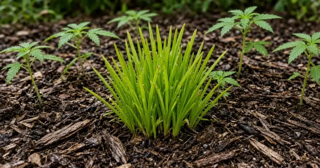 Clump of bright yellow green nutsedge pushing up through mulch in a damp cannabis bed