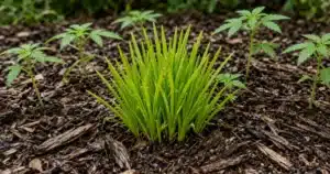 Clump of bright yellow green nutsedge pushing up through mulch in a damp cannabis bed