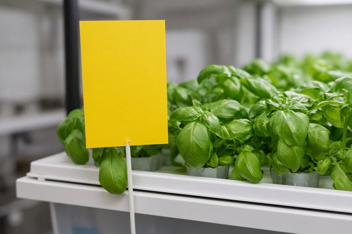 Yellow sticky card near a hydroponic tray