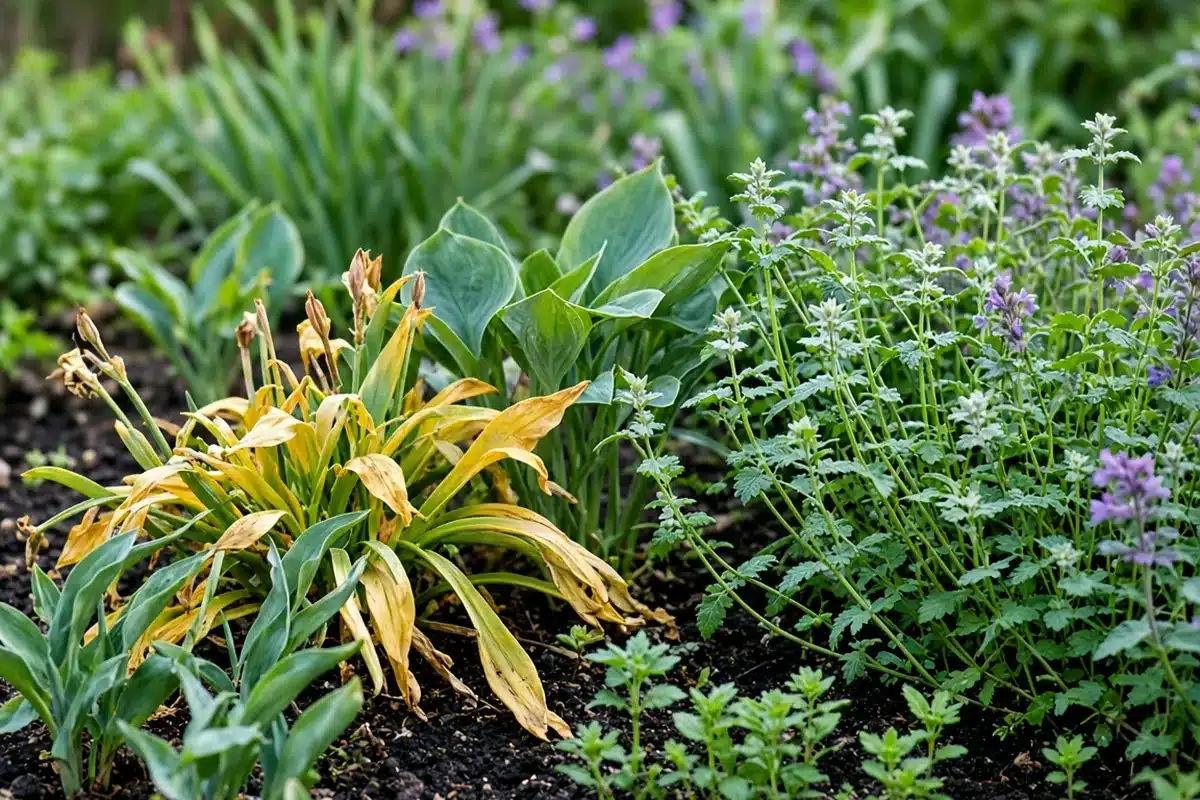 Yellowing bulb foliage among new perennials