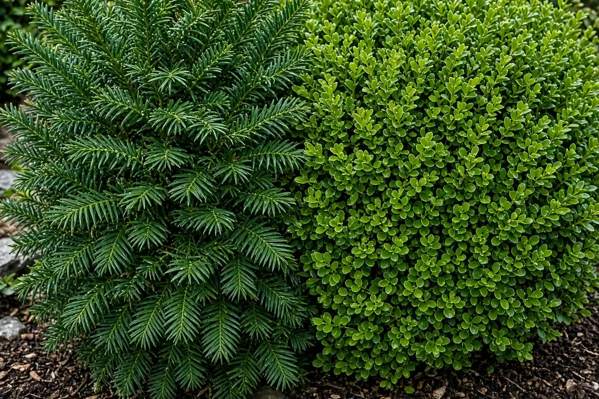 Yew and boxwood foliage side by side