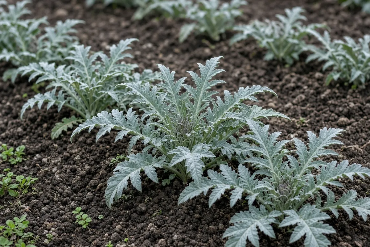 Young artichoke plants in a spring bed