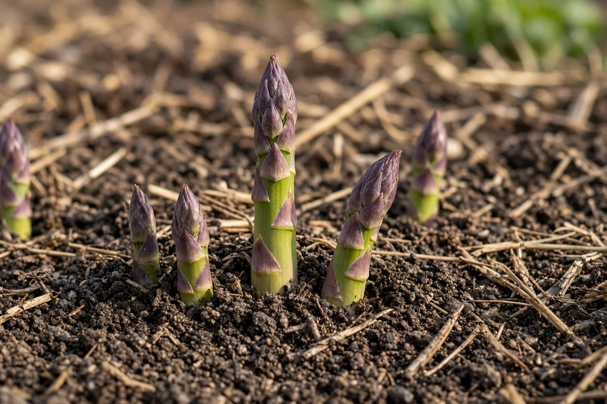 Young asparagus spears emerging from soil