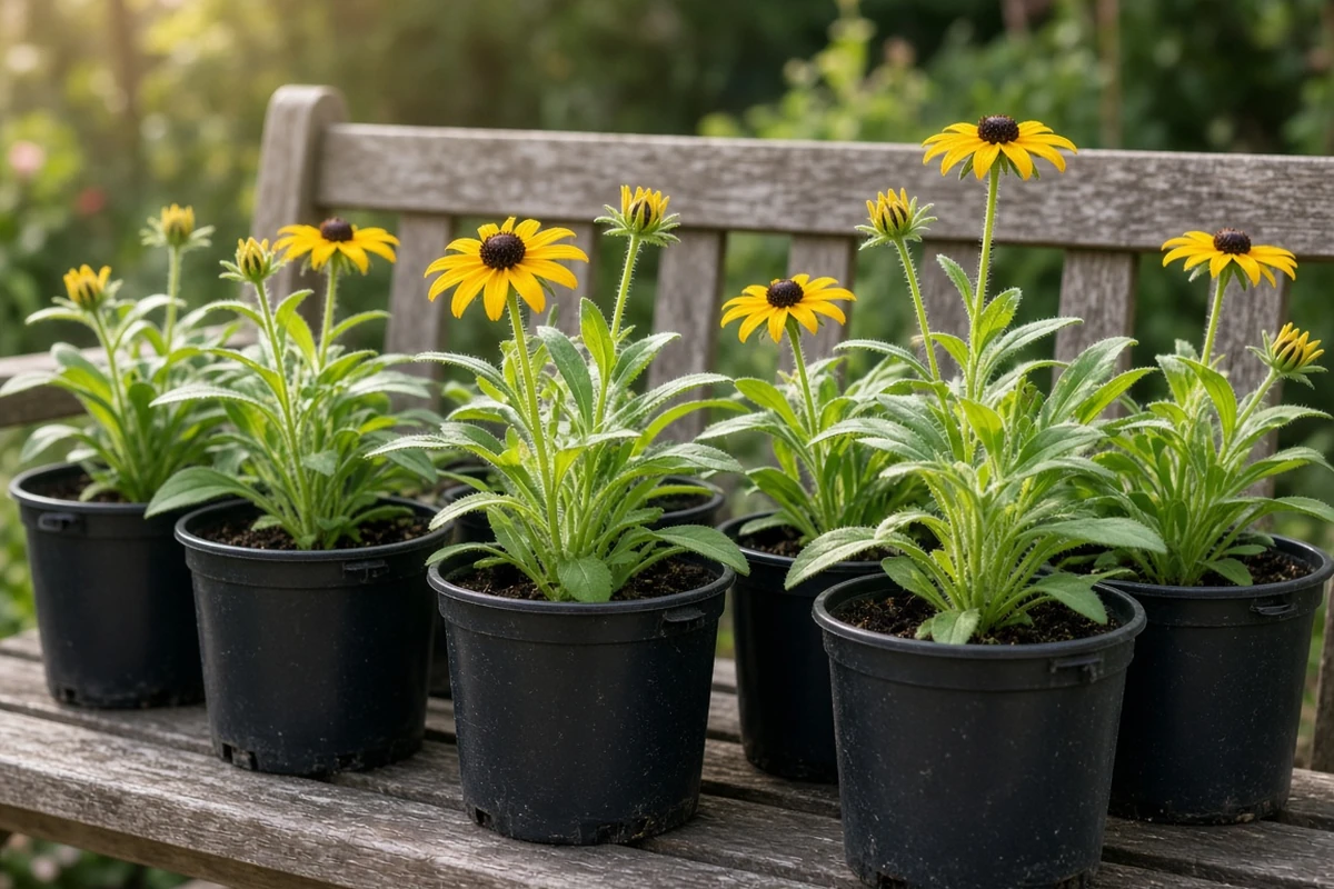 Young black eyed Susan plants in pots