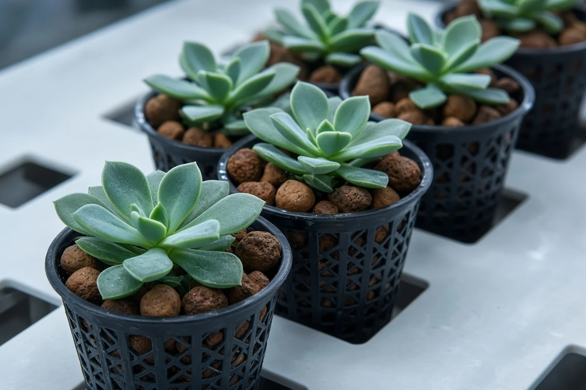 Young blue green rosettes in net cups