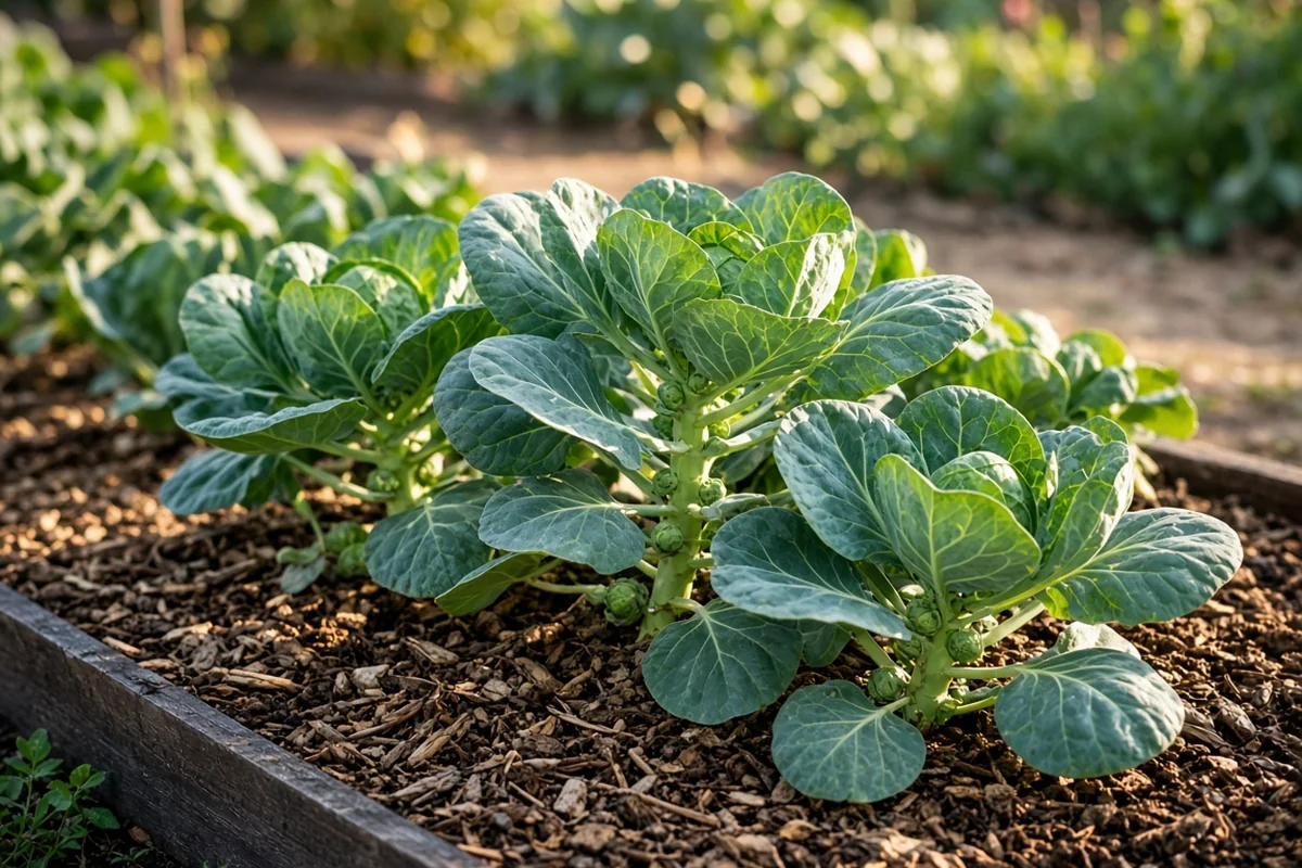 Young Brussels sprouts plants in a bed