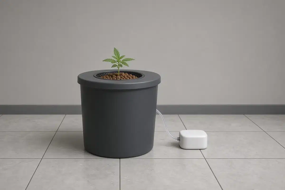 A young cannabis plant in a net pot with clay pebbles set in the lid of a dark hydroponic bucket, with an air line and pump