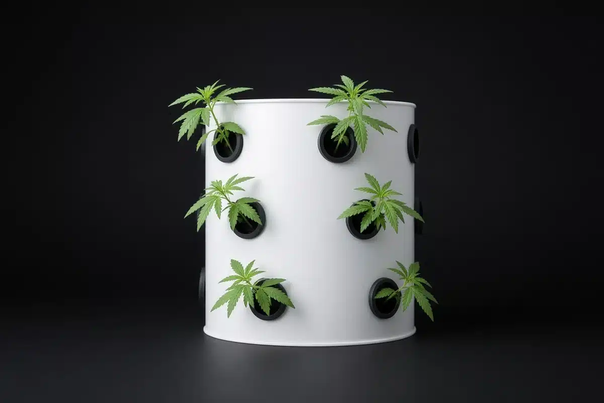 Young cannabis plants growing in an aeroponic tower