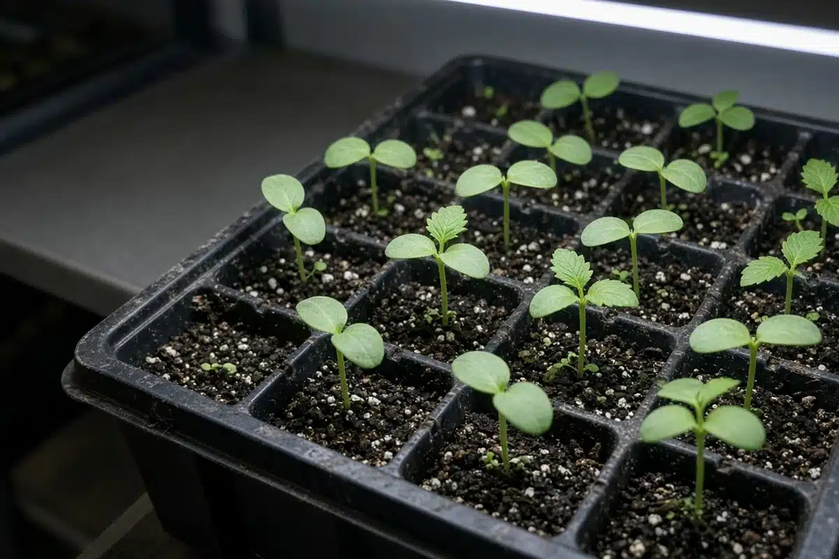 Young cannabis seedlings just up in a starter tray under a grow light
