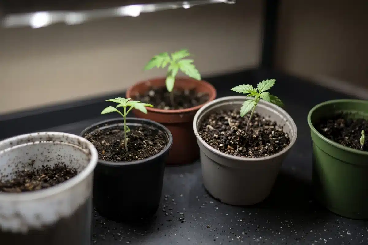 Young cannabis seedlings in mismatched small pots, one pot still empty