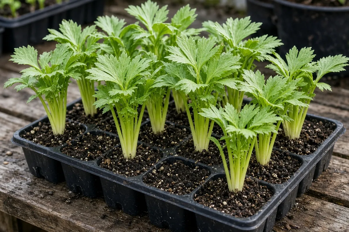 Young celery transplants in cells