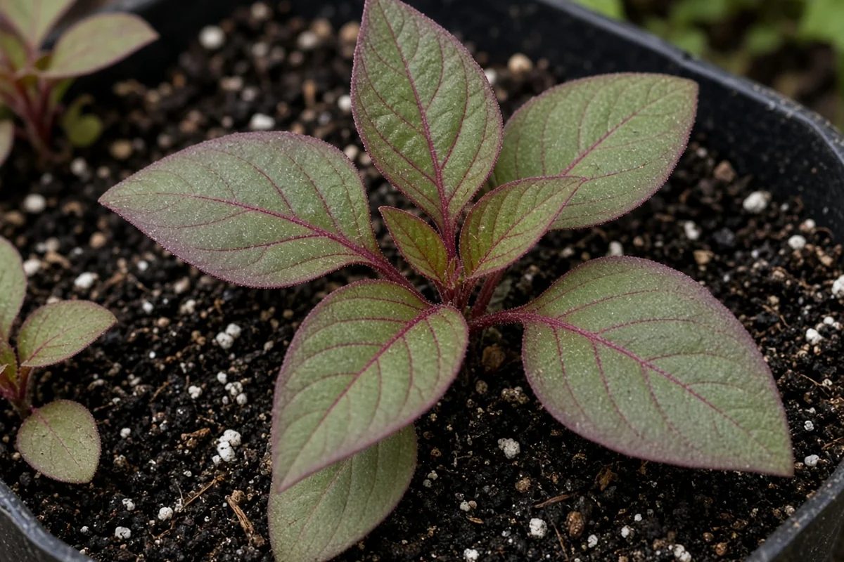 Young celosia leaves with red tints