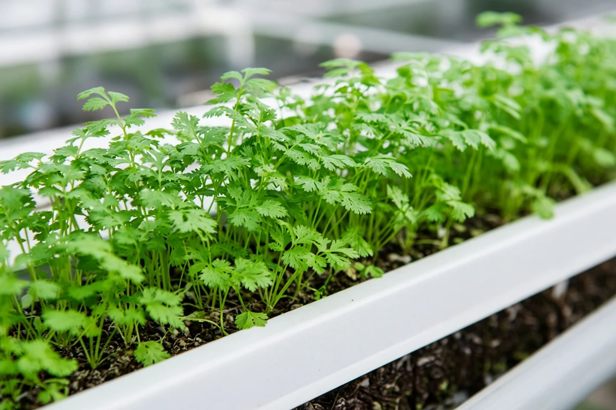 Young cilantro leaves in a system