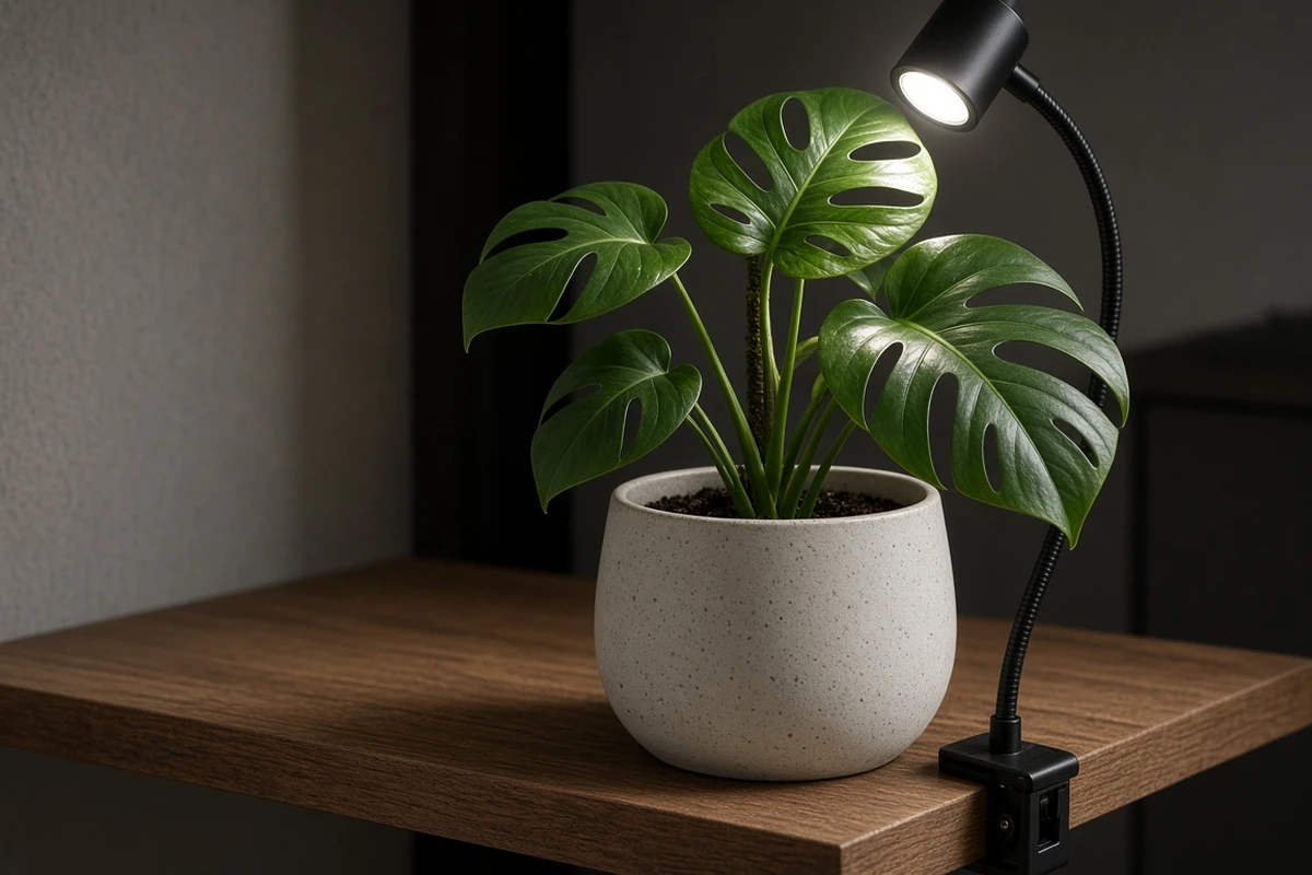 Young climber in a pot below a clip on grow light