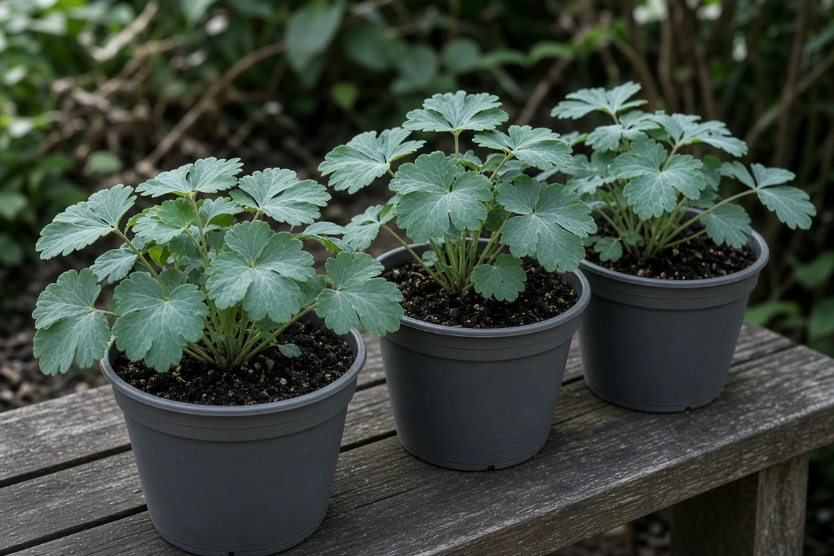 Young columbine plants in pots