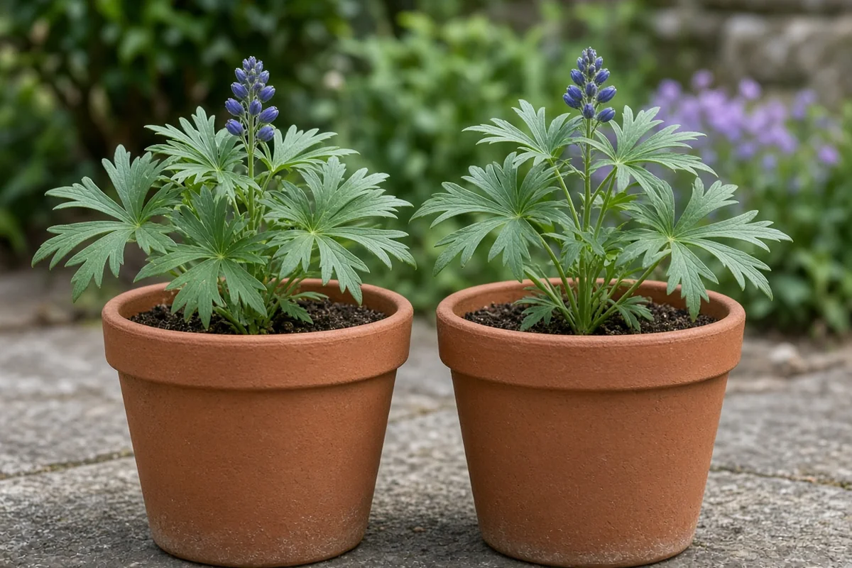 Young delphinium plants in pots