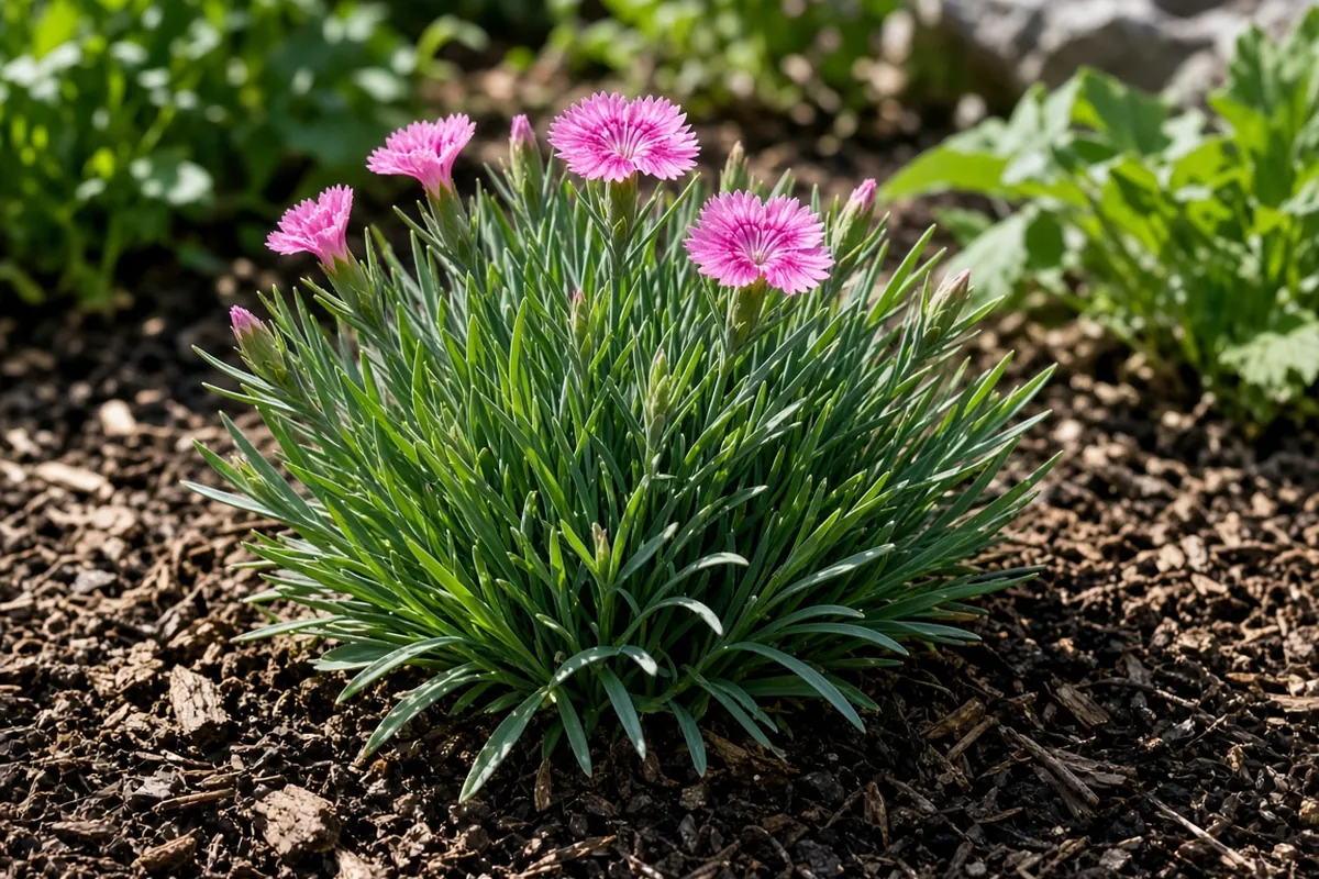 Young dianthus plants in a sunny bed