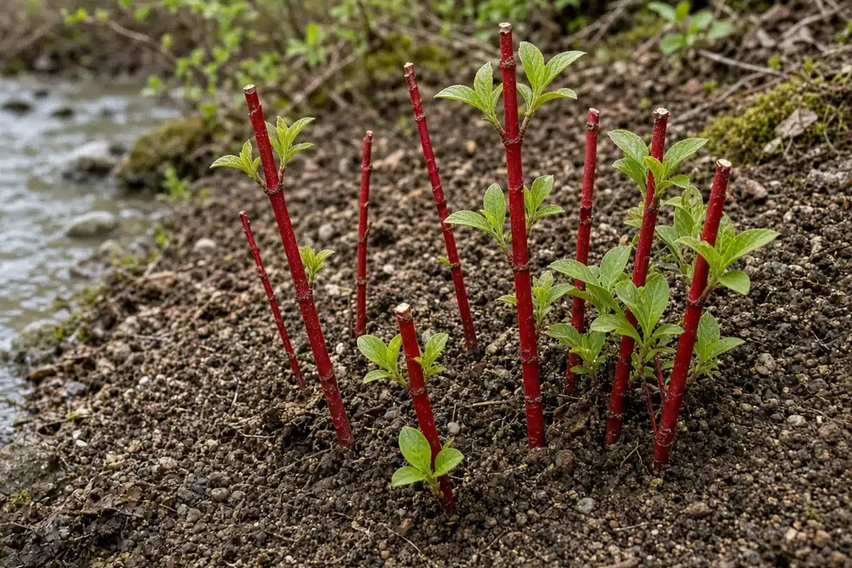 Young dogwood shoots sprouting from stakes on a bank
