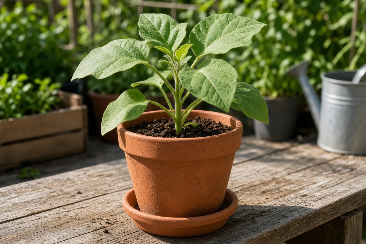 Young eggplant transplant in a pot
