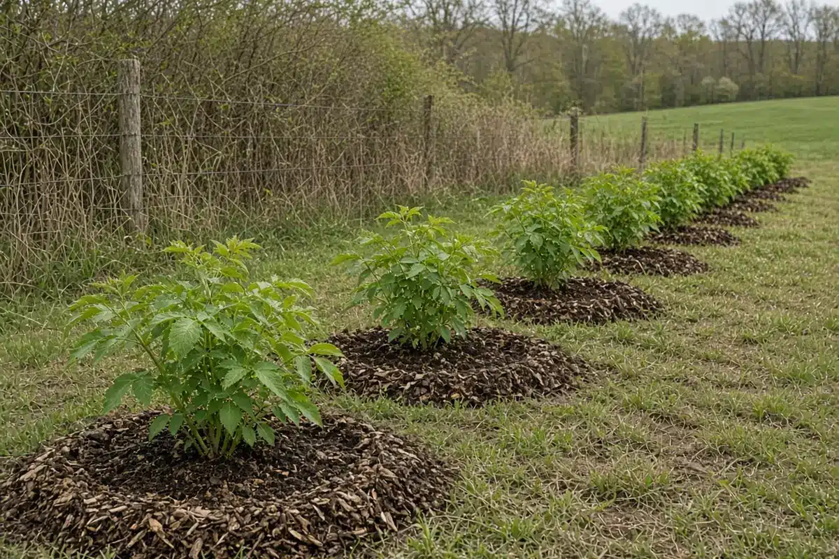 Young elderberry shrubs mulched along a hedge line