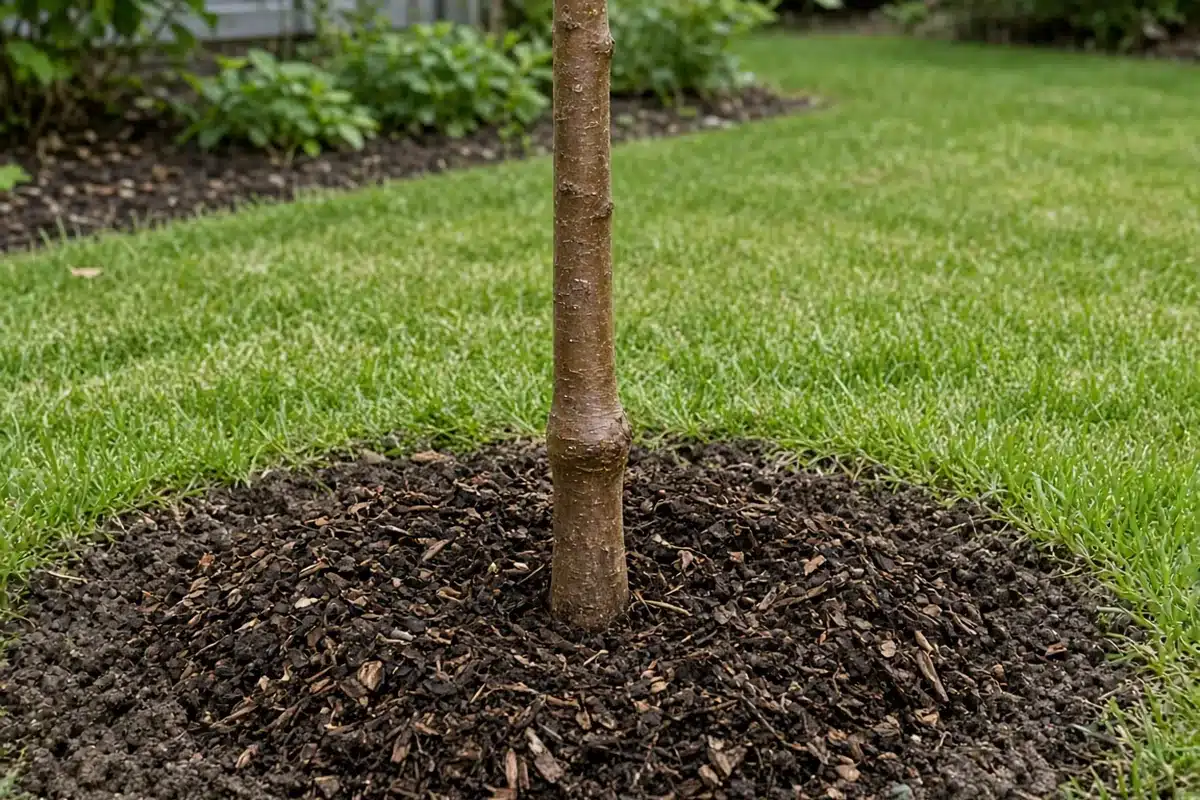 Young fruit tree planted with the union above the soil