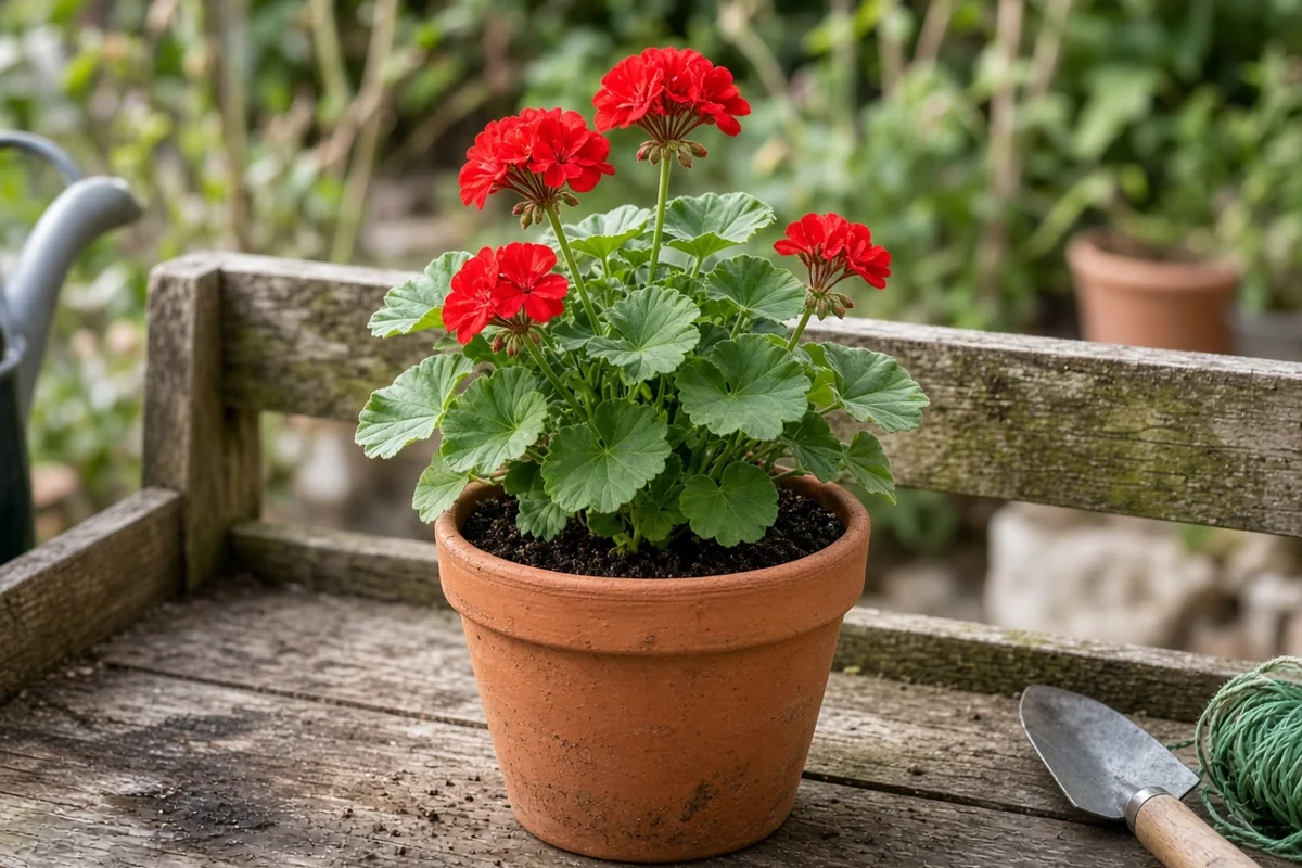 Young geranium in a small pot